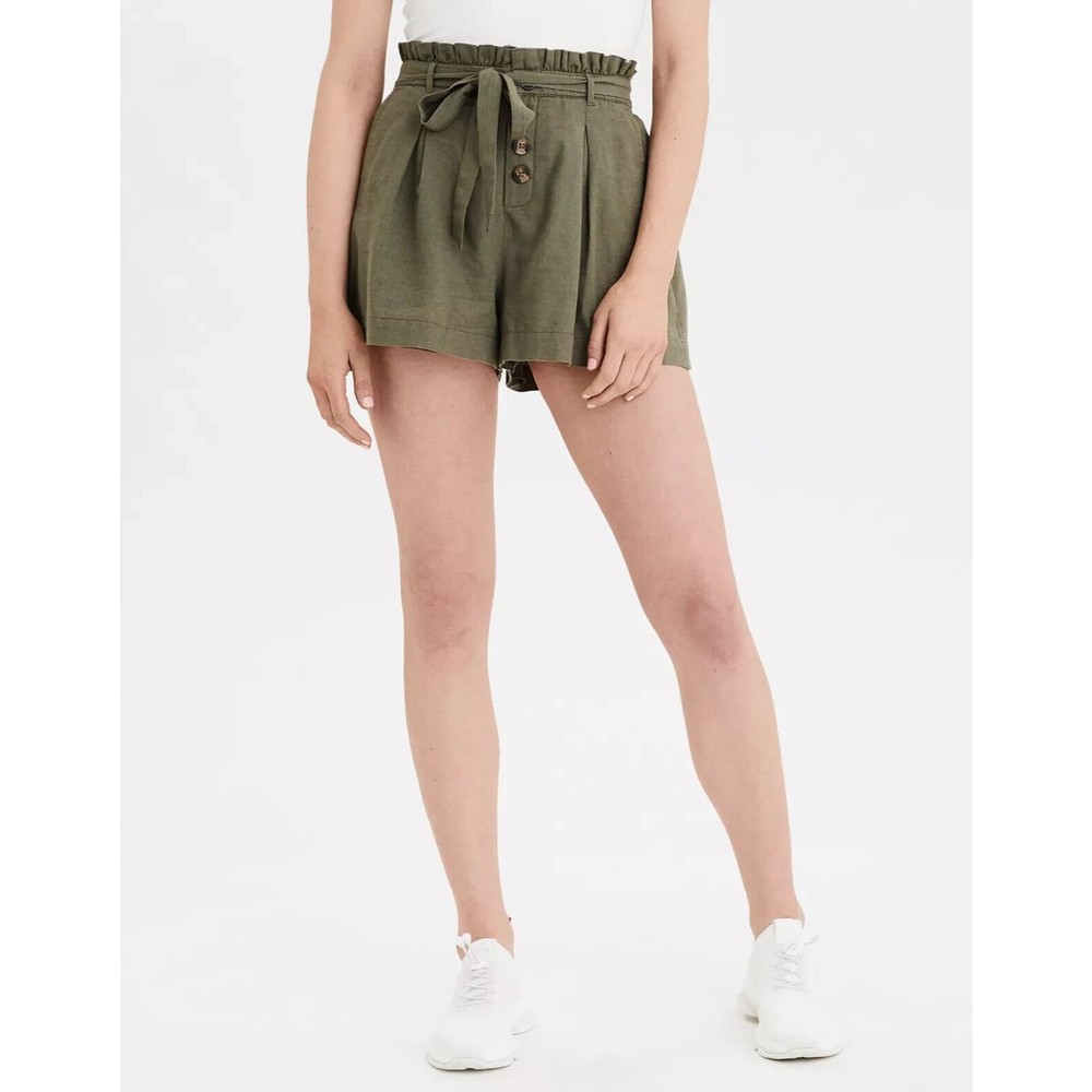 American Eagle Small High Waist Button Front Runner Short Paperbag Cotton Linen